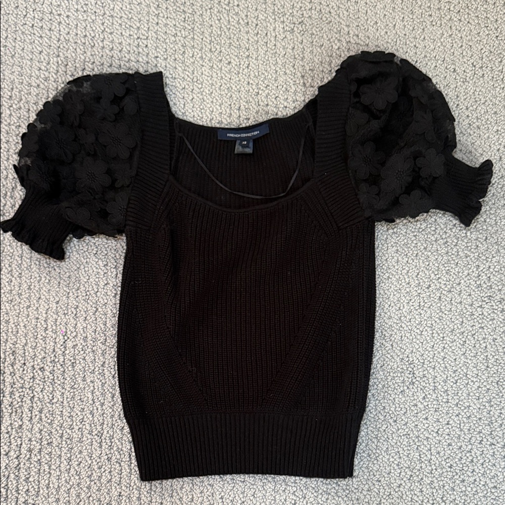 French Connection Black Puff Sleeve Floral Applique Knit Top